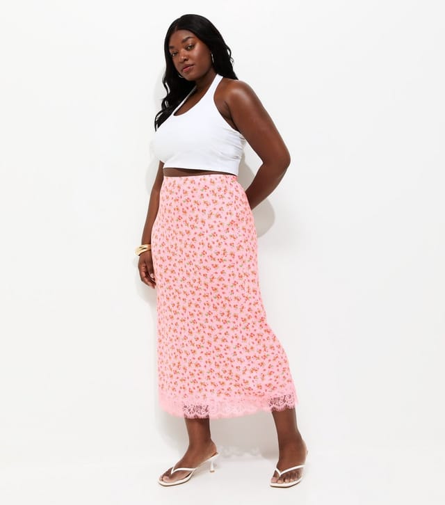 New Look Women's Plus Size Pink Ditsy Floral Print Lace Trim Midi Skirt Curves New Look - 3