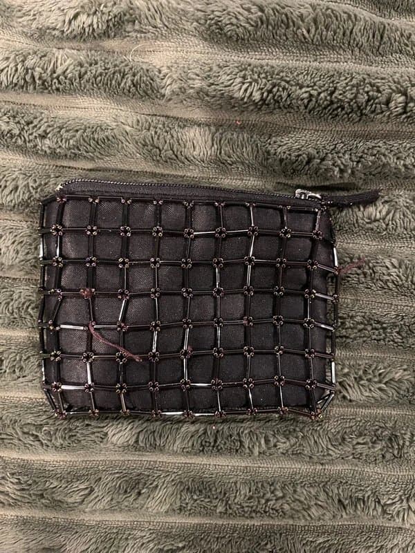 Vintage Dressing Black beaded sequin embellished crochet reflective iridescent oil spill zip coin purse satin