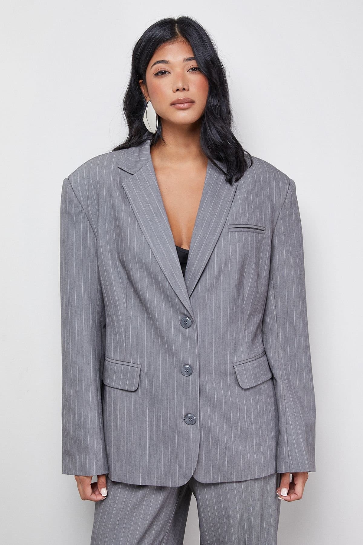 Warehouse Warehouse Women's Pinstripe Oversized Grandad Blazer Co-ord in Grey