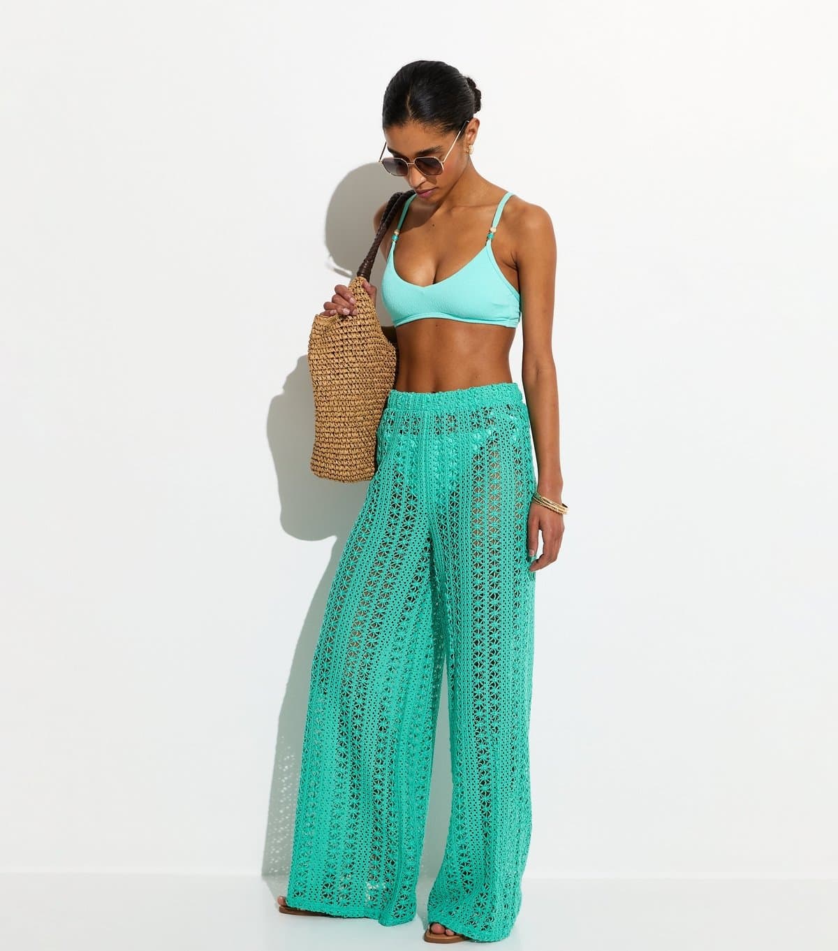 New Look Women's Turquoise Crochet Wide Leg Beach Trousers New Look