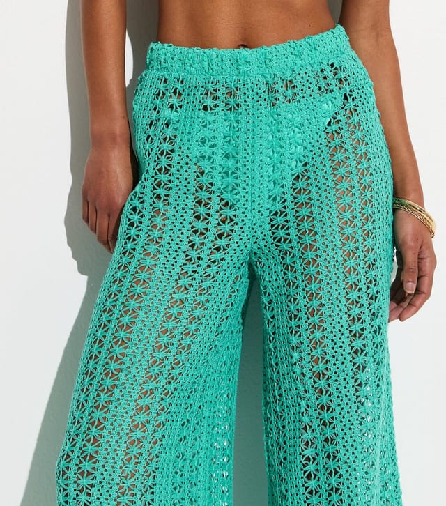 New Look Women's Turquoise Crochet Wide Leg Beach Trousers New Look - 2