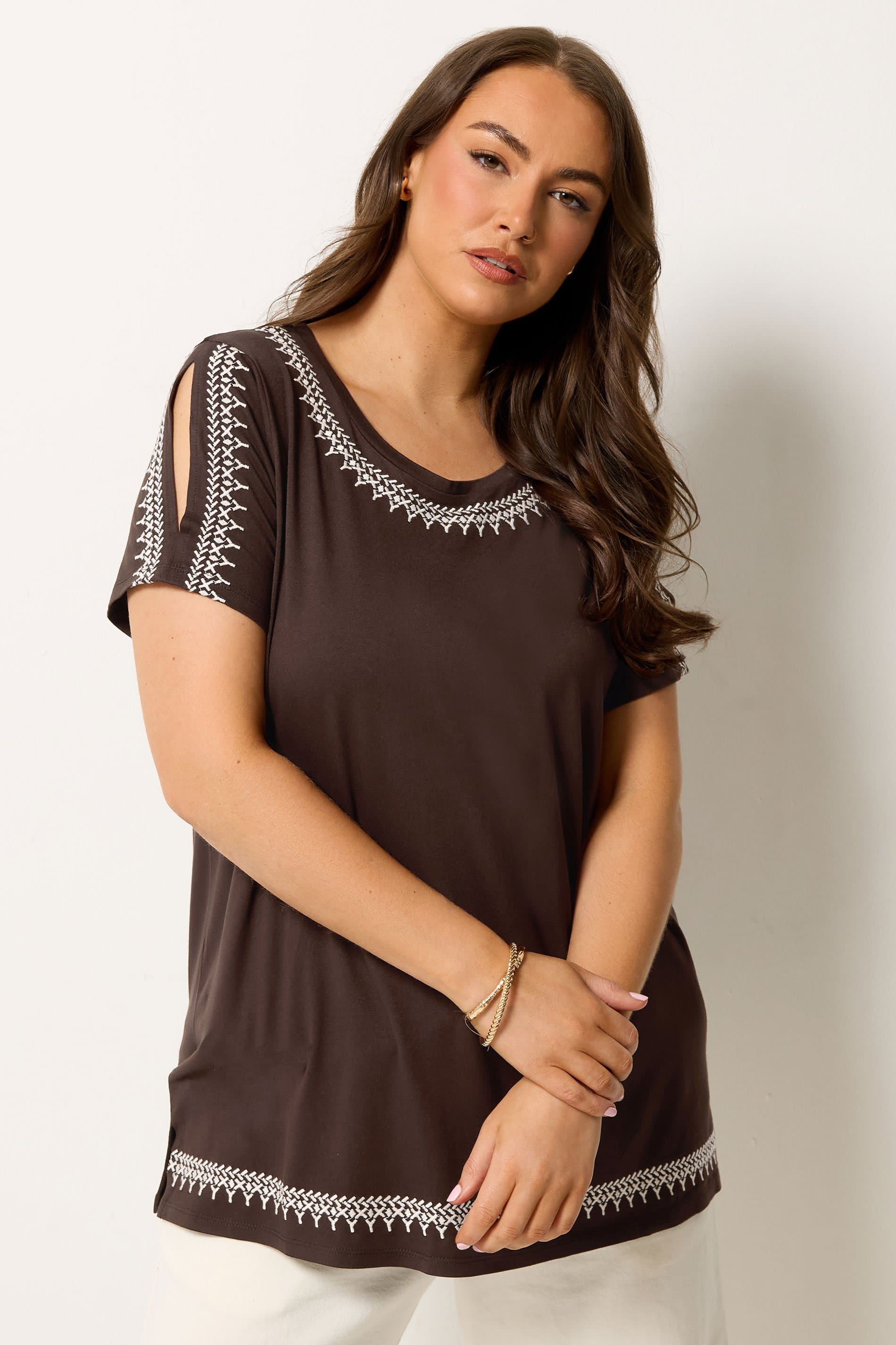 Yours Plus Size Brown Embroidered Cold Shoulder Tshirt