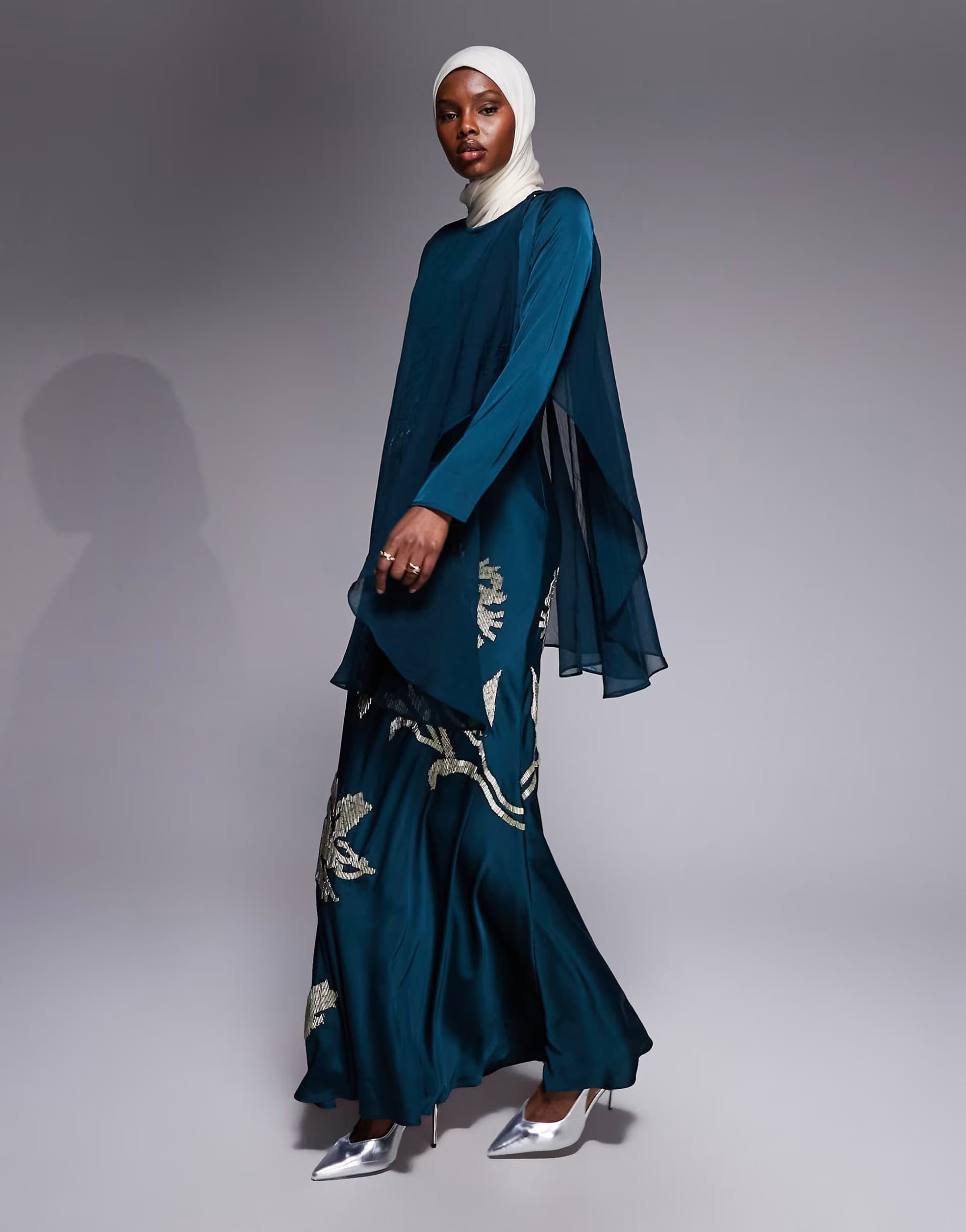 ASOS ASOS DESIGN cape overlay shadow floral embellished maxi dress in dark teal