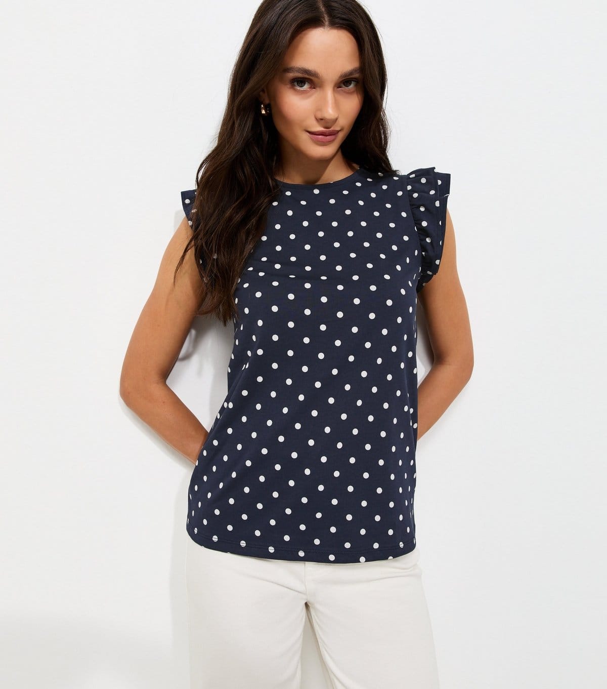 New Look Blue Cotton Polka Dot Ruffled Sleeve T-Shirt