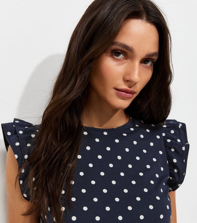 New Look Women's Blue Cotton Polka Dot Ruffled Sleeve T-Shirt New Look - 2
