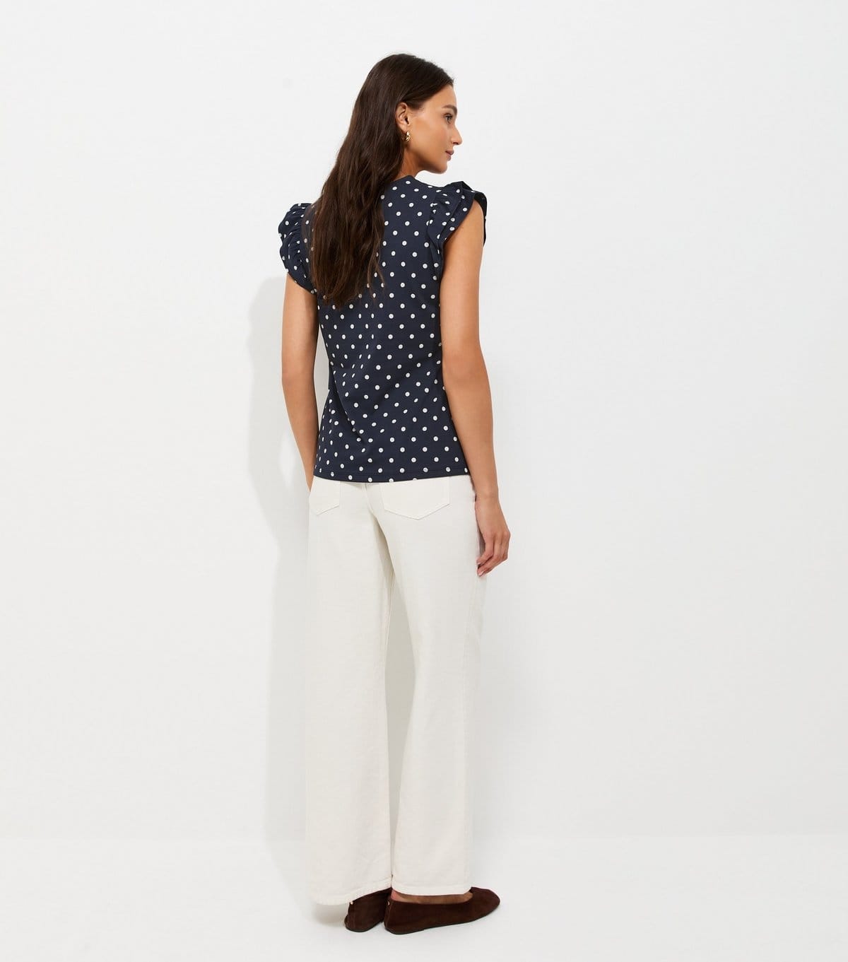 New Look Women's Blue Cotton Polka Dot Ruffled Sleeve T-Shirt New Look - 4