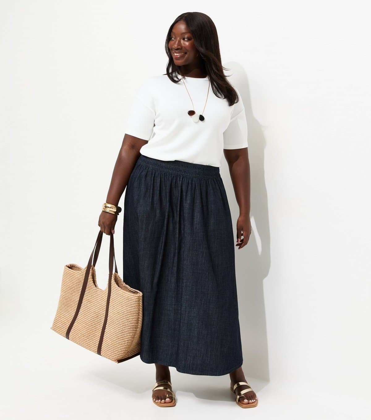 New Look Women's Plus Size Indigo Wash Shirred Midi Skirt Curves New Look