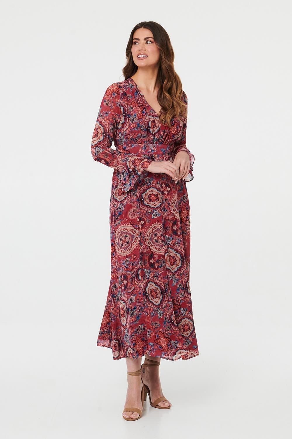 Izabel London Izabel London Women's Printed Ruched Long Sleeve Maxi Dress in Red