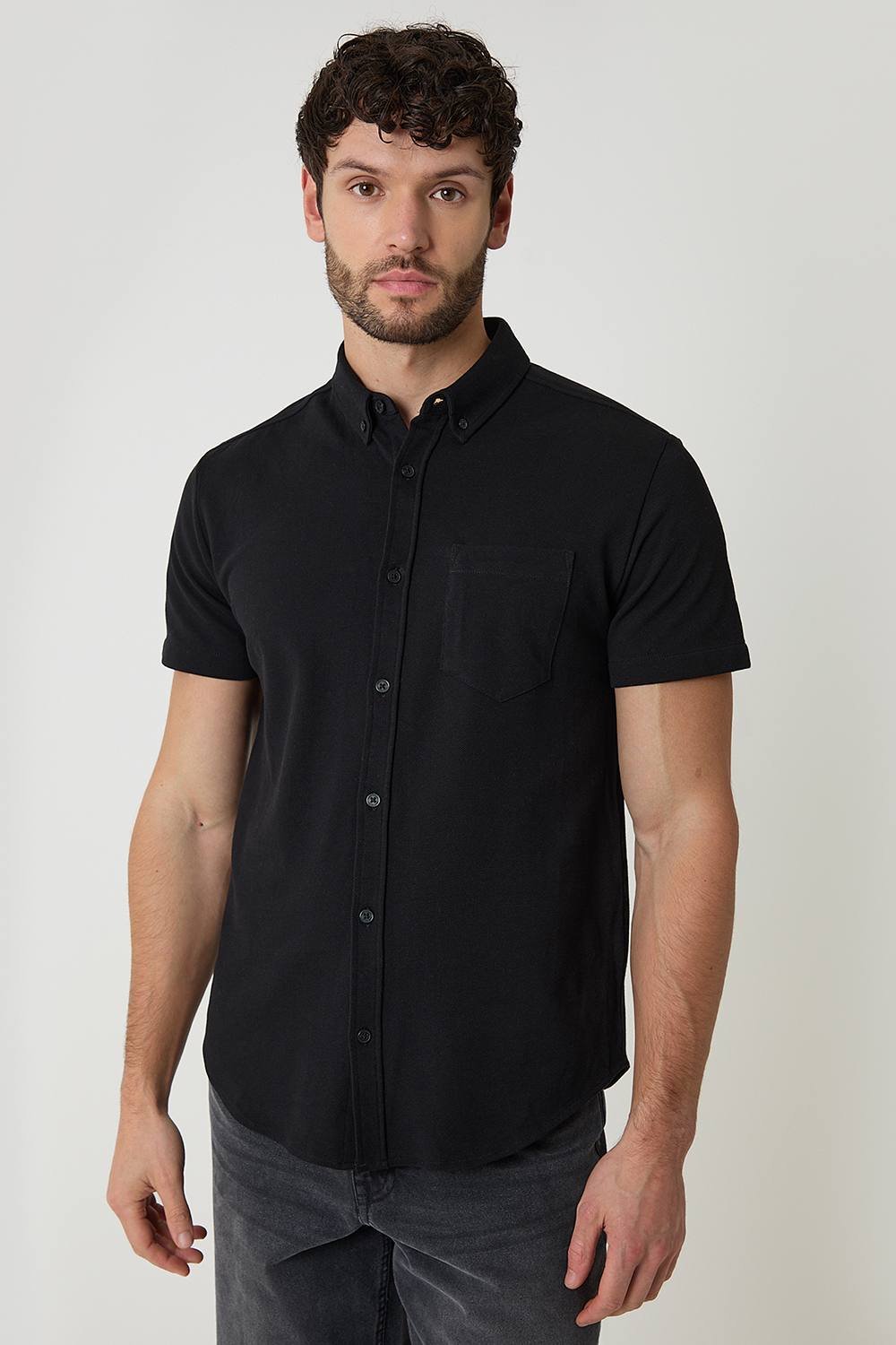 Threadbare Threadbare Men's Cotton Pique Short Sleeve Shirt in Black - 3