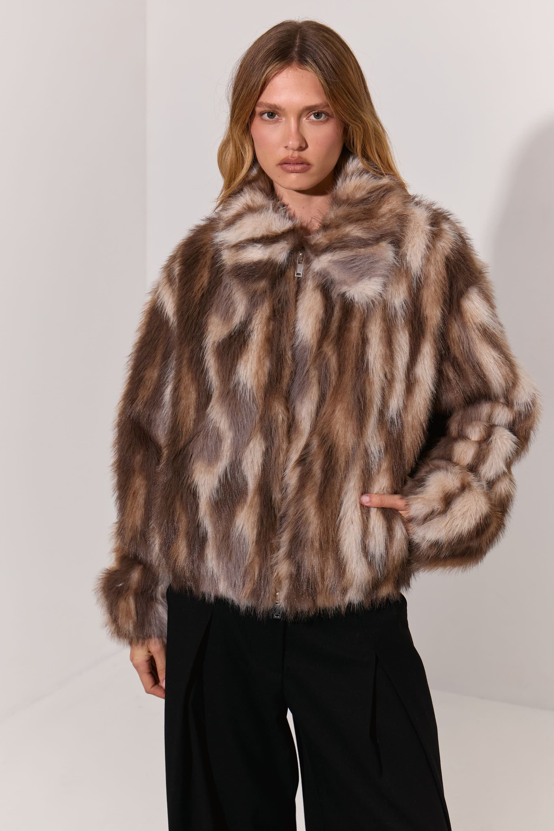 Warehouse Warehouse Women's Plush Faux Fur Printed Oversized Bomber in Brown