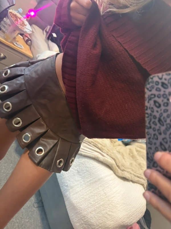 Bershka Brown Faux Leather Eyelet Pleated Mini Skirt