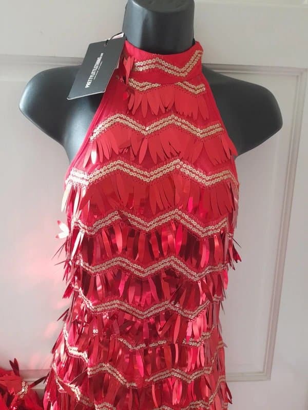 PLT Plt red fringe sequin wide leg jumpsuit
