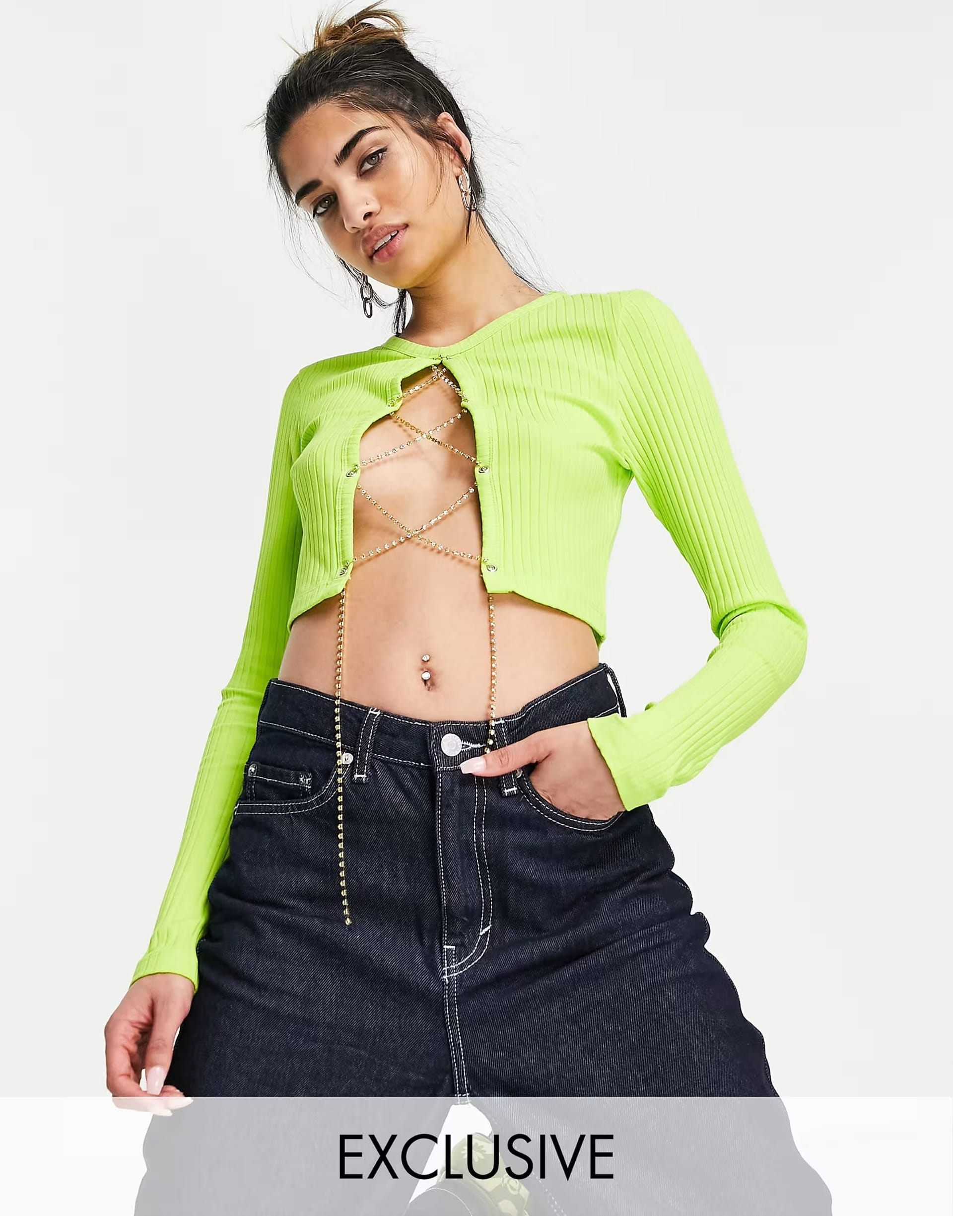 ASYOU Rib Diamante Lace-Up Top in Lime