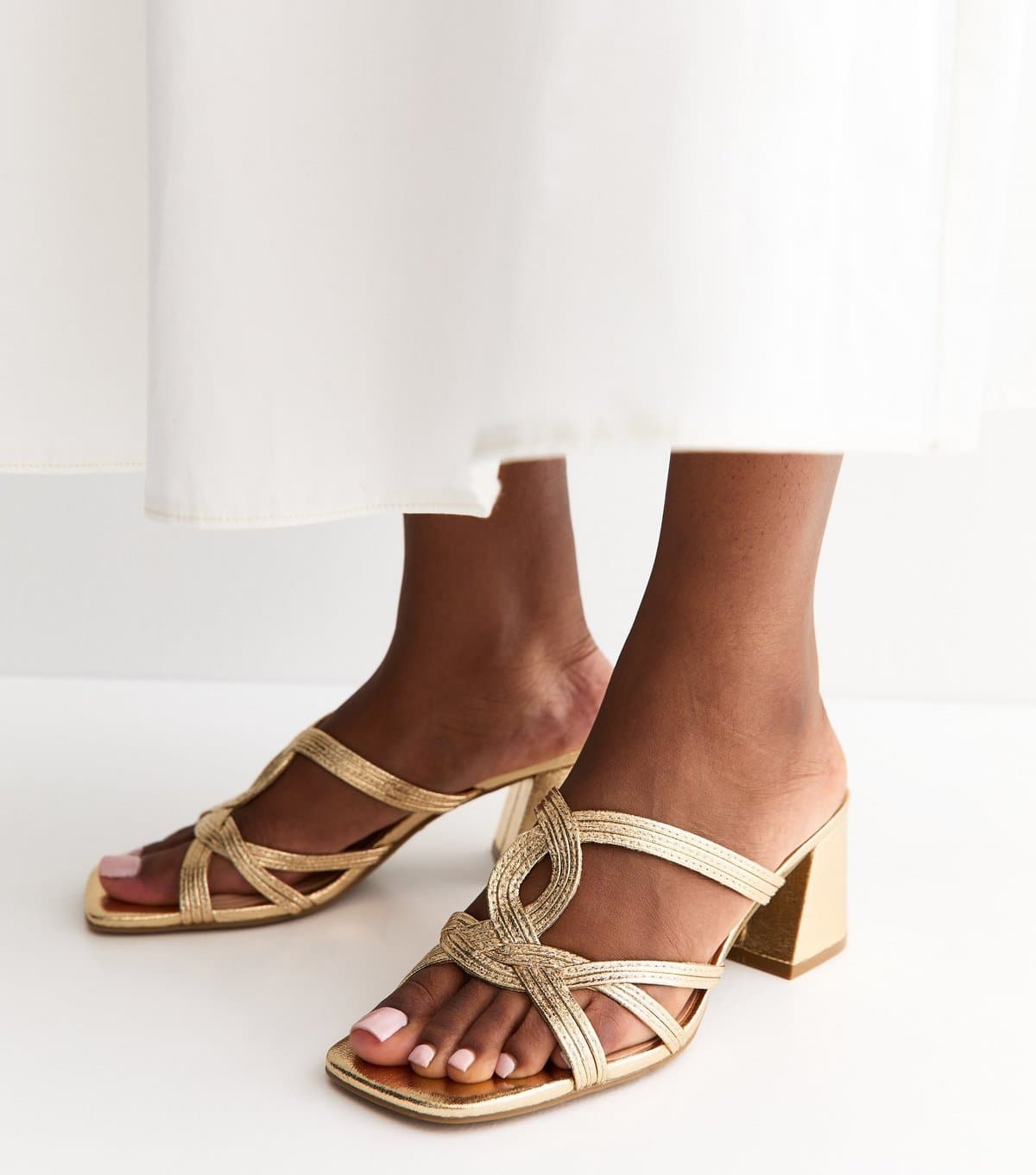 New Look Women's Gold Faux Leather Interwoven Block Heel Mules Vegan New Look
