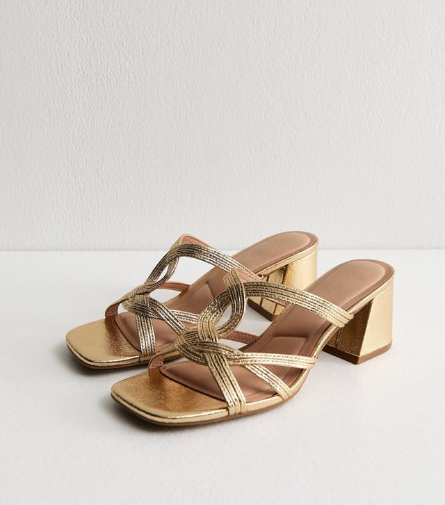 New Look Women's Gold Faux Leather Interwoven Block Heel Mules Vegan New Look - 2