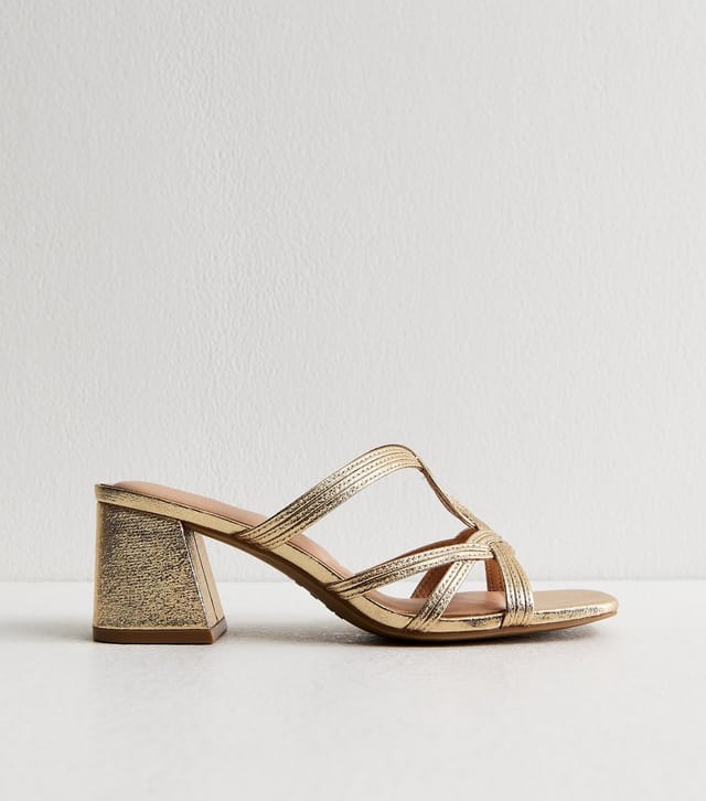 New Look Women's Gold Faux Leather Interwoven Block Heel Mules Vegan New Look - 3