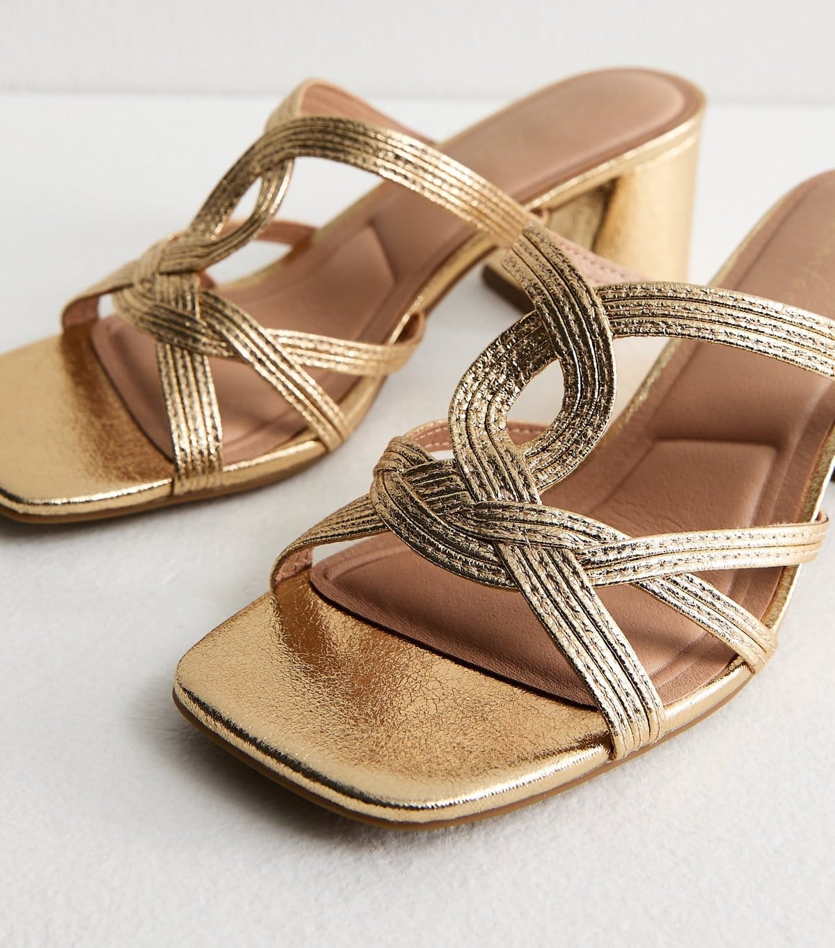 New Look Women's Gold Faux Leather Interwoven Block Heel Mules Vegan New Look - 4