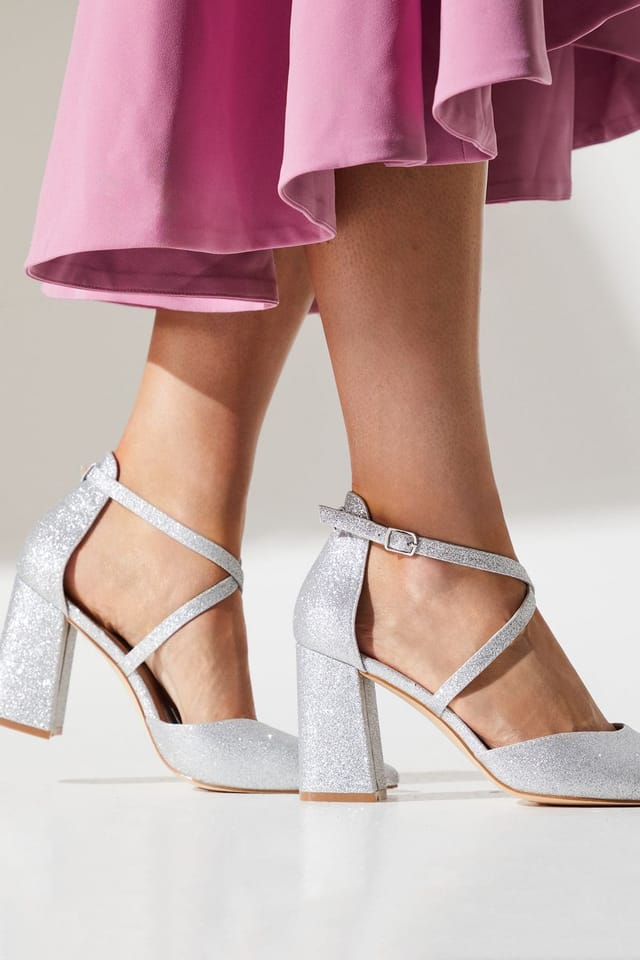 Coast Coast Women's Wide Fit Treat Glitter Cross Strap Pointed Block Heel Court Shoes in Silver - 2