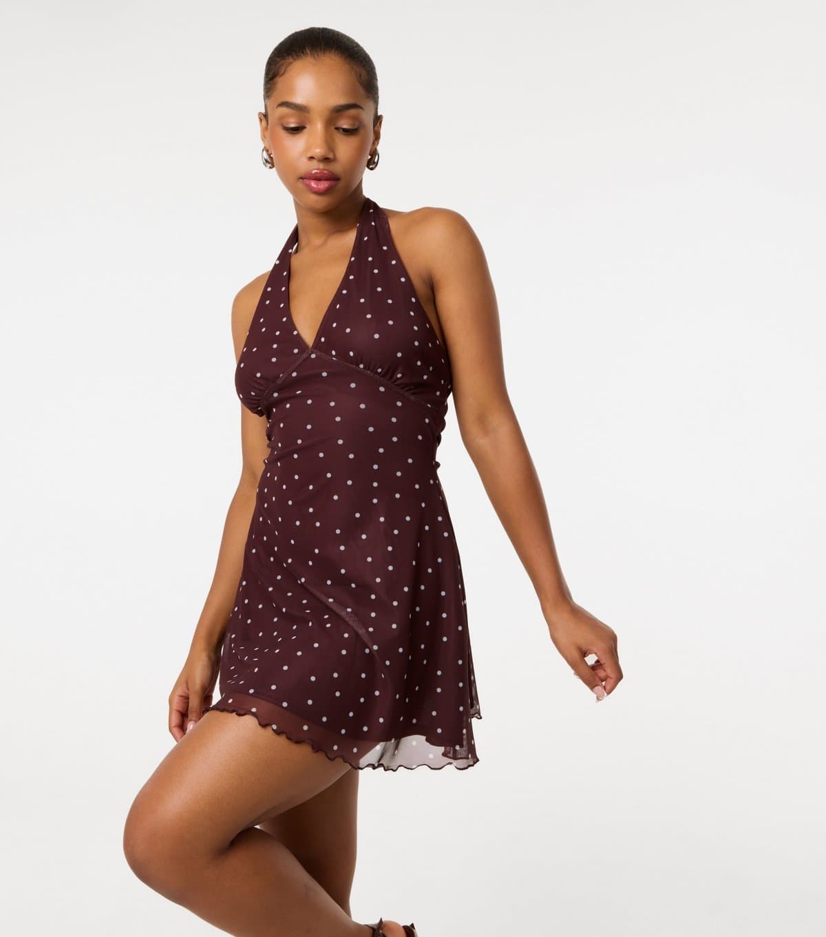 Pink Vanilla Women's Dark Brown Polka Dot Halter Neck Mini Dress Pink Vanilla New Look