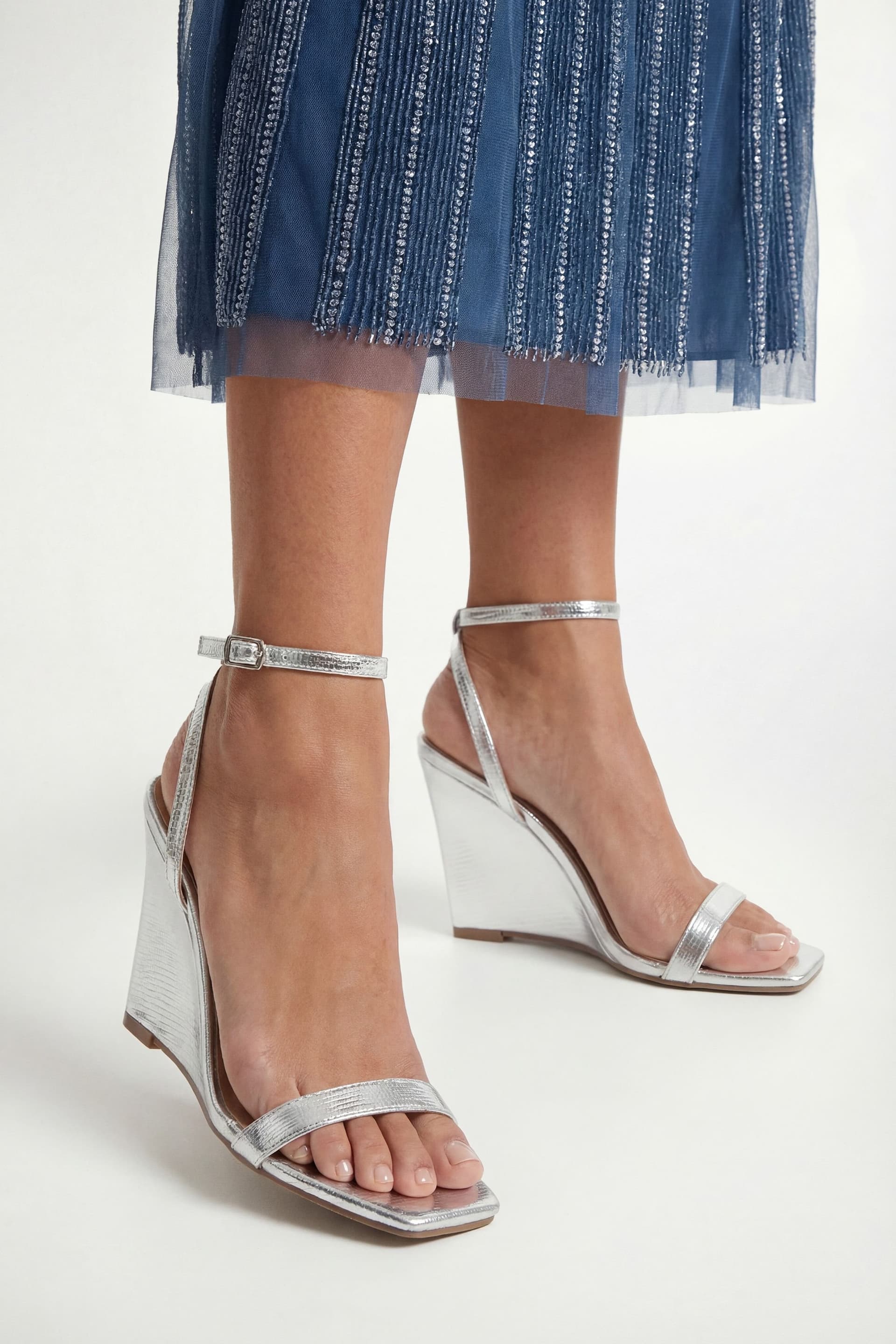 Wallis Wallis Women's Redfern Faux Lizard Print Leather High Covered Smart Wedge Sandals in Silver