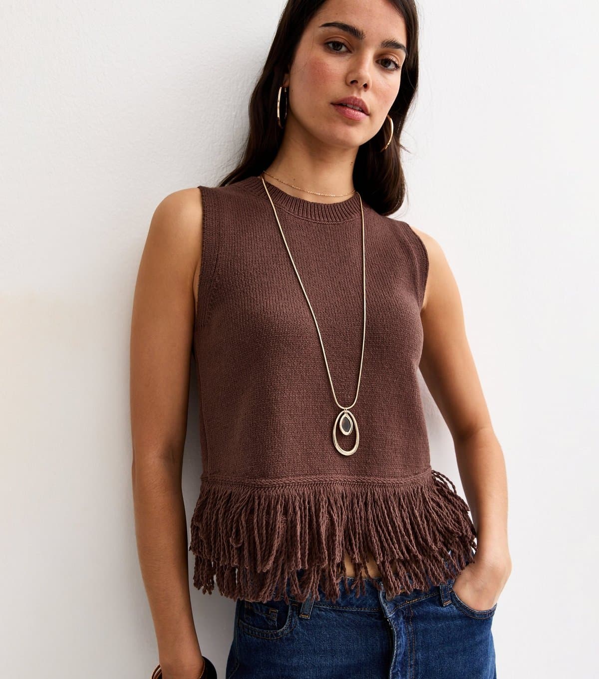 New Look Women's Dark Brown Fringed Hem Cotton Rich Vest New Look