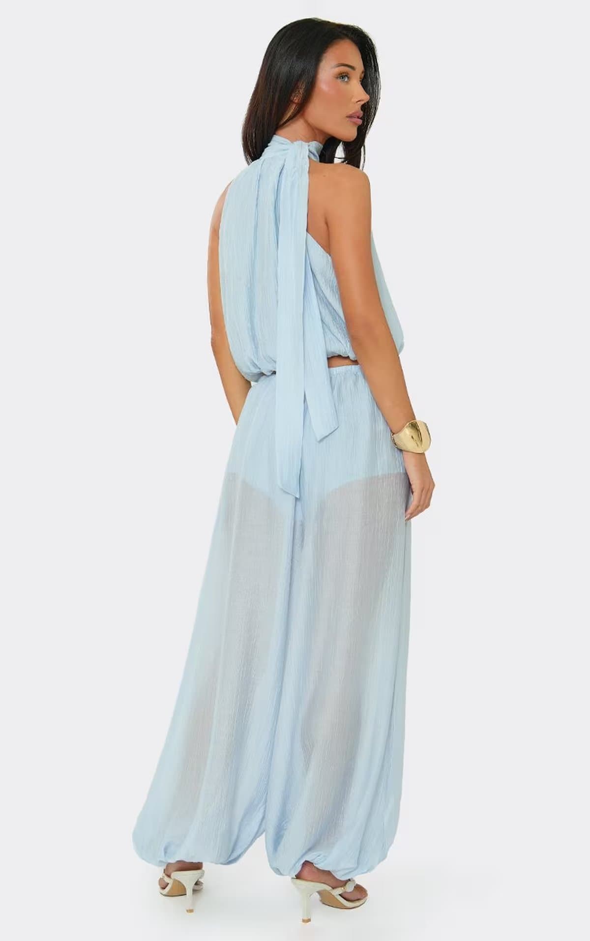 EGO Sleeveless High Neck Pleated Top And Trouser Co-Ord Set In Light Blue Chiffon, Women's Size UK S/M