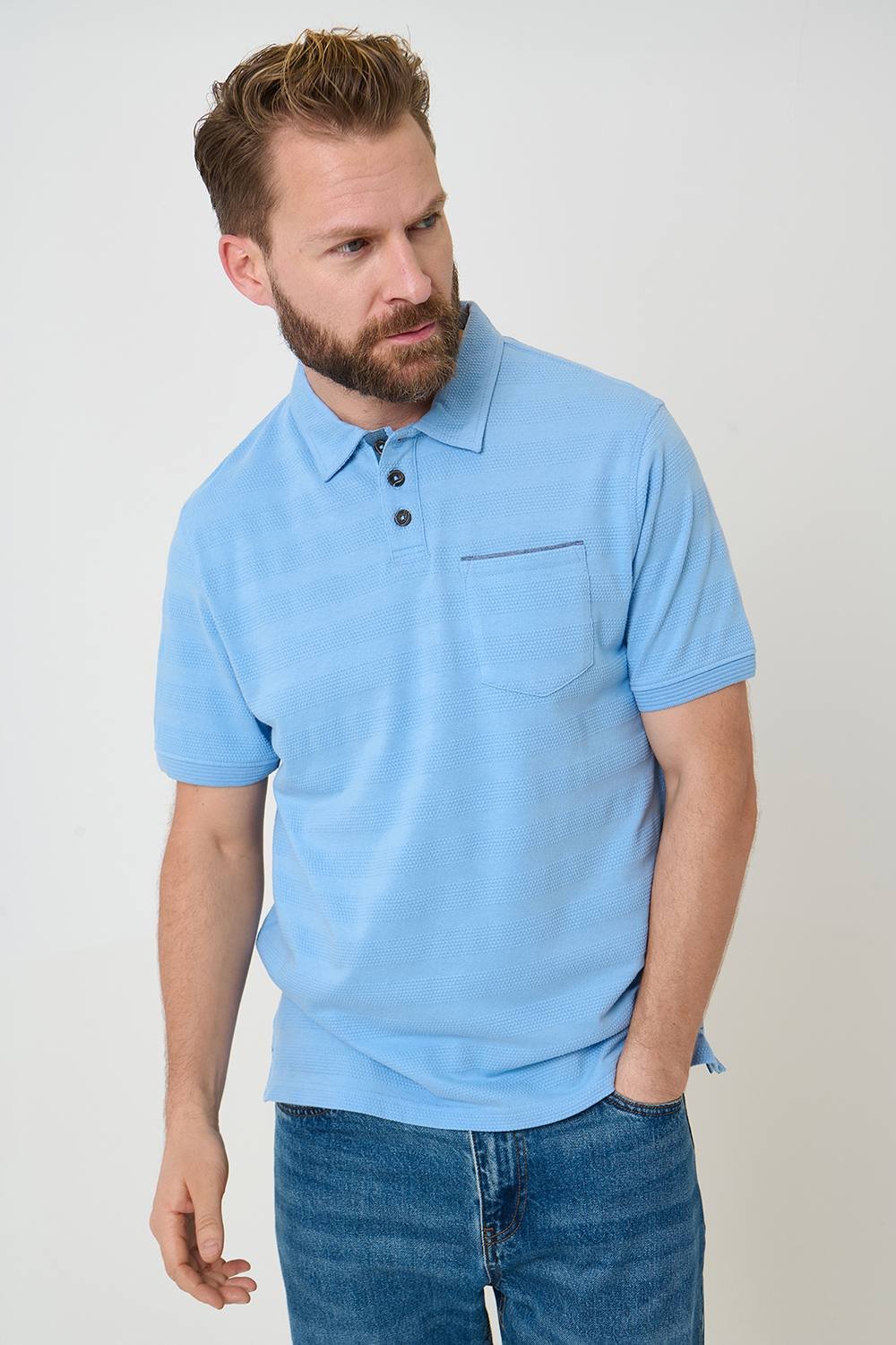 Saltwell Saltwell Men's Popcorn Stripe Short Sleeve Cotton Polo Shirt in Blue - 2