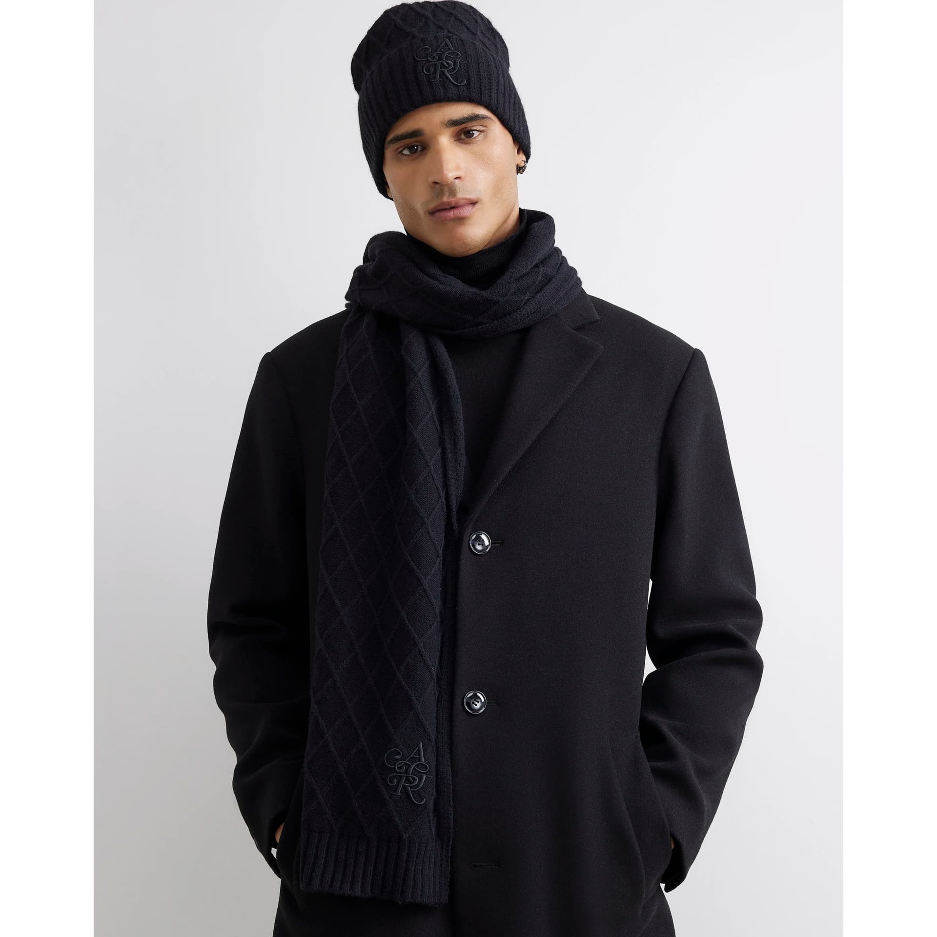 River Island Mens River Island Black Diamond Knit Scarf And Hat Gift Set