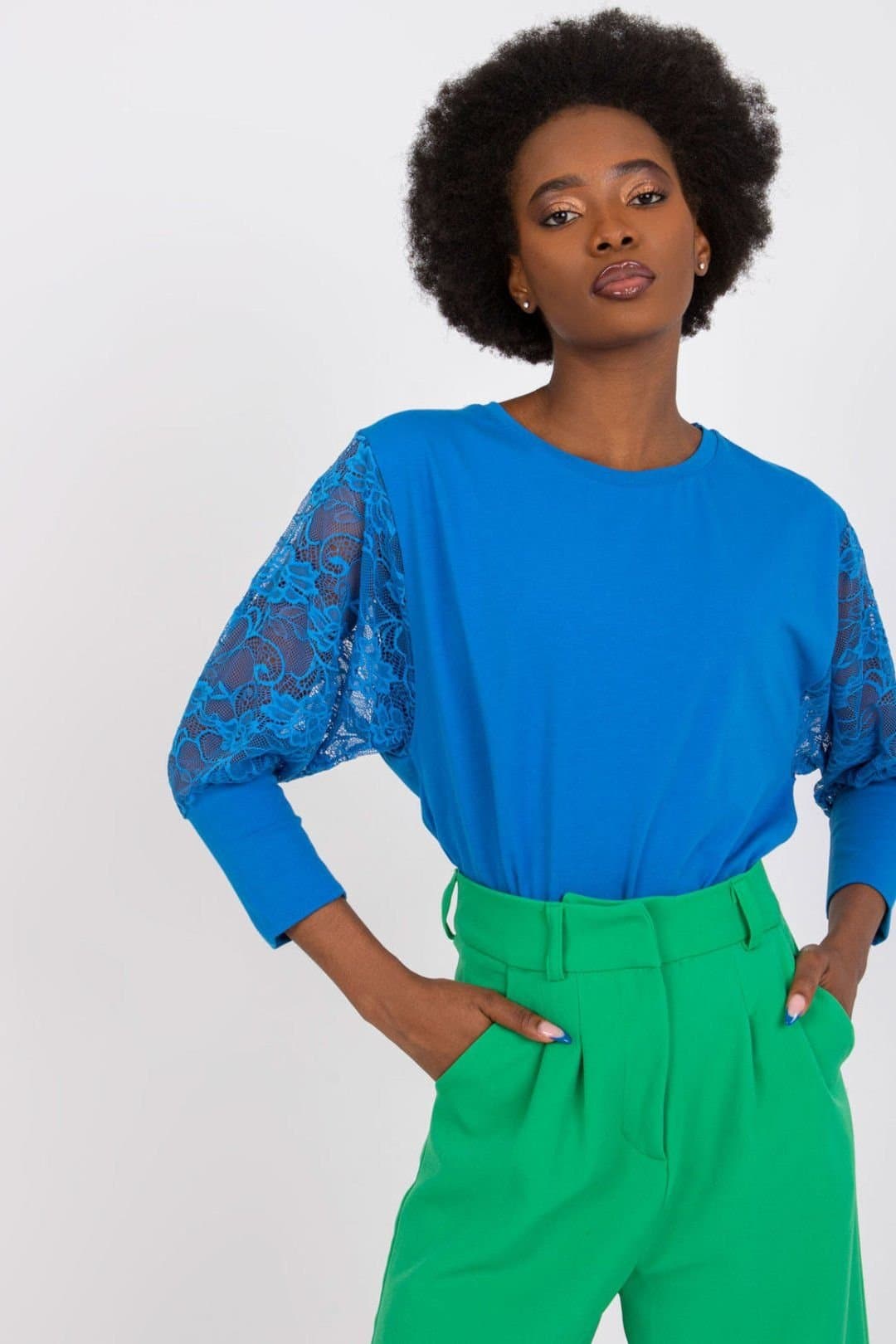 Love Lace Love Lace Women's Straight Cut Lace Sleeve Round Neck Blouse in Blue
