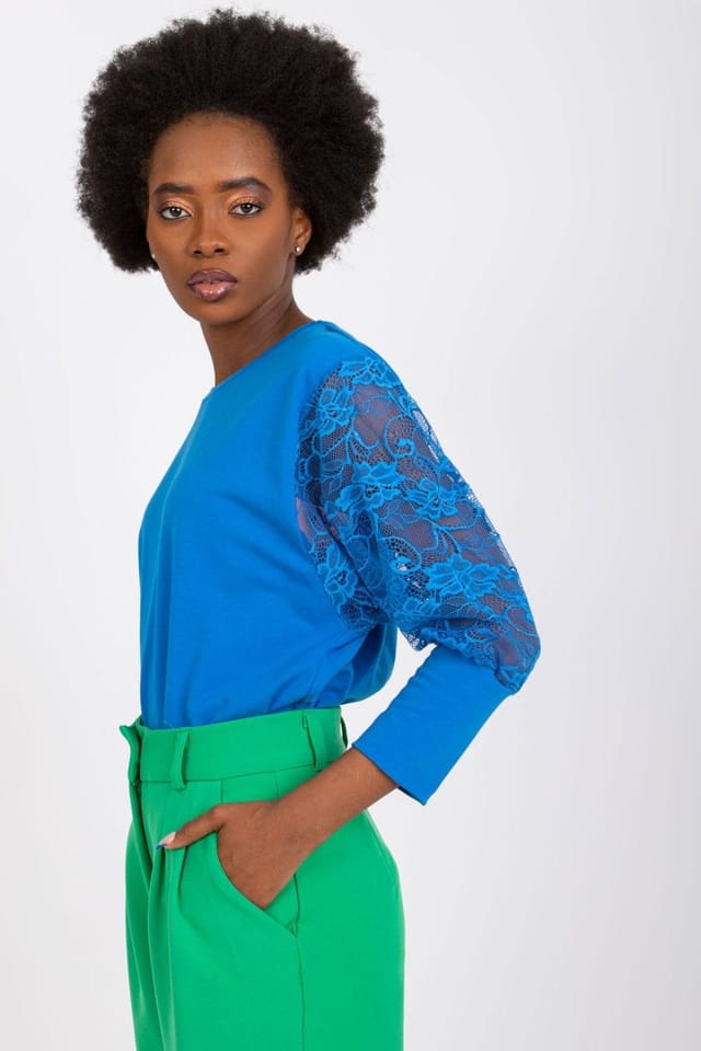 Love Lace Love Lace Women's Straight Cut Lace Sleeve Round Neck Blouse in Blue - 2