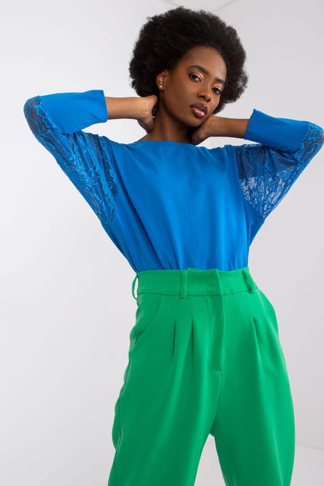 Love Lace Love Lace Women's Straight Cut Lace Sleeve Round Neck Blouse in Blue - 3