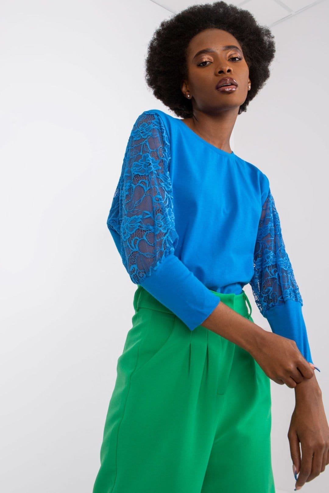 Love Lace Love Lace Women's Straight Cut Lace Sleeve Round Neck Blouse in Blue - 4