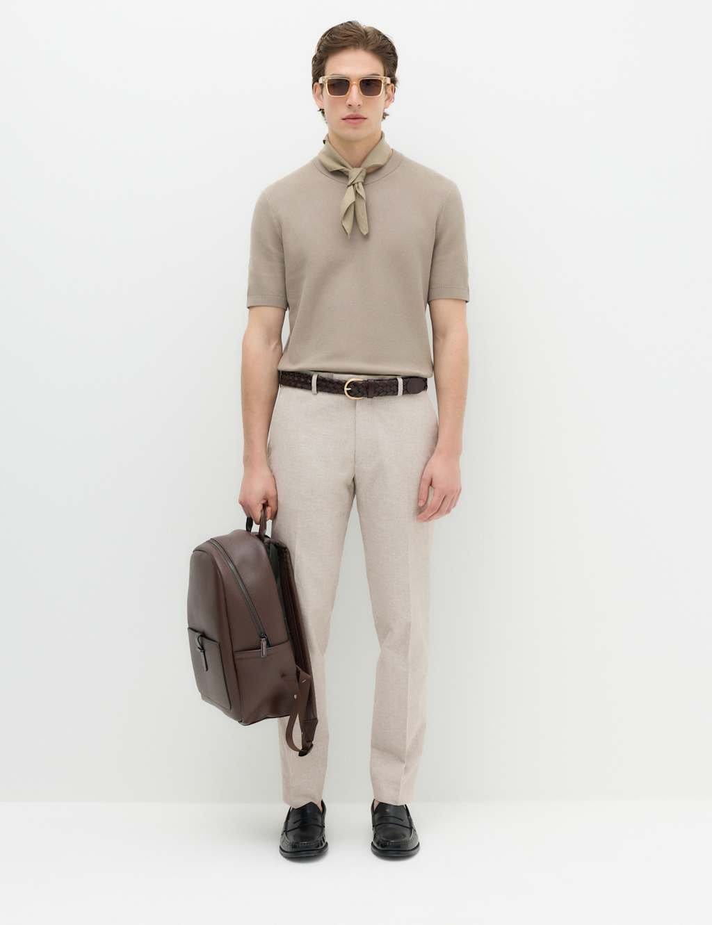 M&S Tailored Fit Cotton Linen Striped Suit Trousers Neutral
