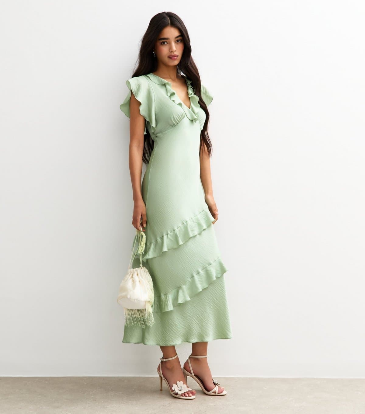 New Look Women's Green Satin Ruffled Midi Dress New Look