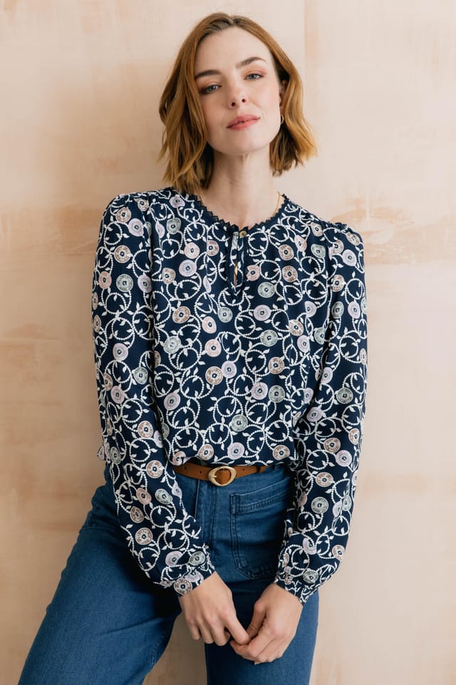 Lily & Me Lily & Me Women's Emily Printed Keyhole Blouse in Navy - 2