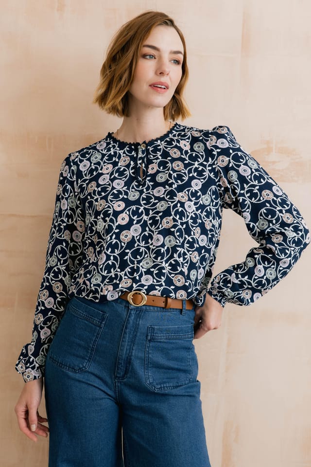 Lily & Me Lily & Me Women's Emily Printed Keyhole Blouse in Navy - 3