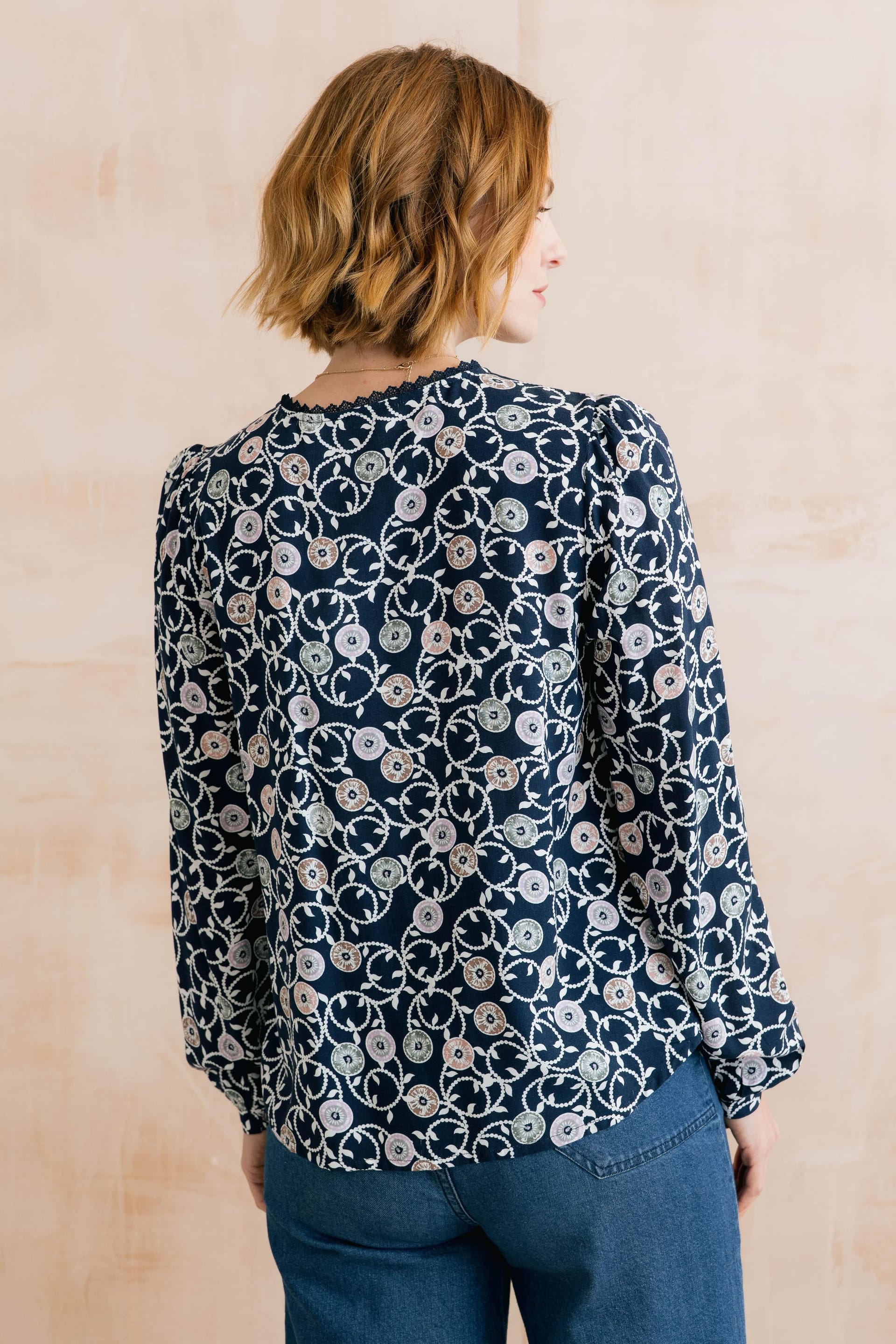 Lily & Me Lily & Me Women's Emily Printed Keyhole Blouse in Navy - 4