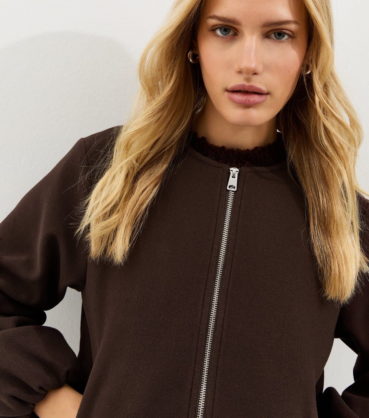 New Look Women's Brown Collarless Zip Through Bomber Jacket New Look
