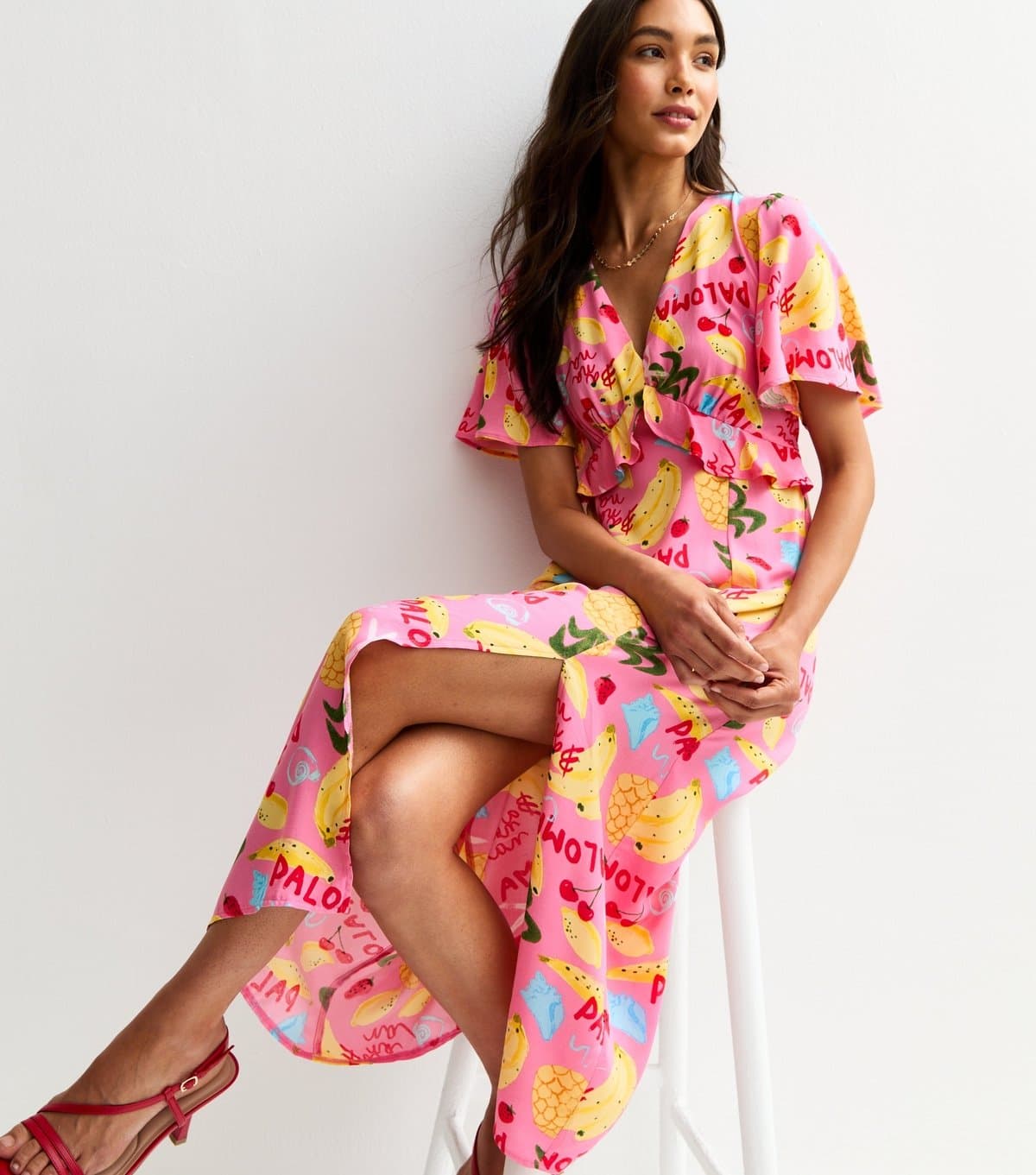 New Look Women's Pink Fruit Print Frill Trim Midi Dress New Look