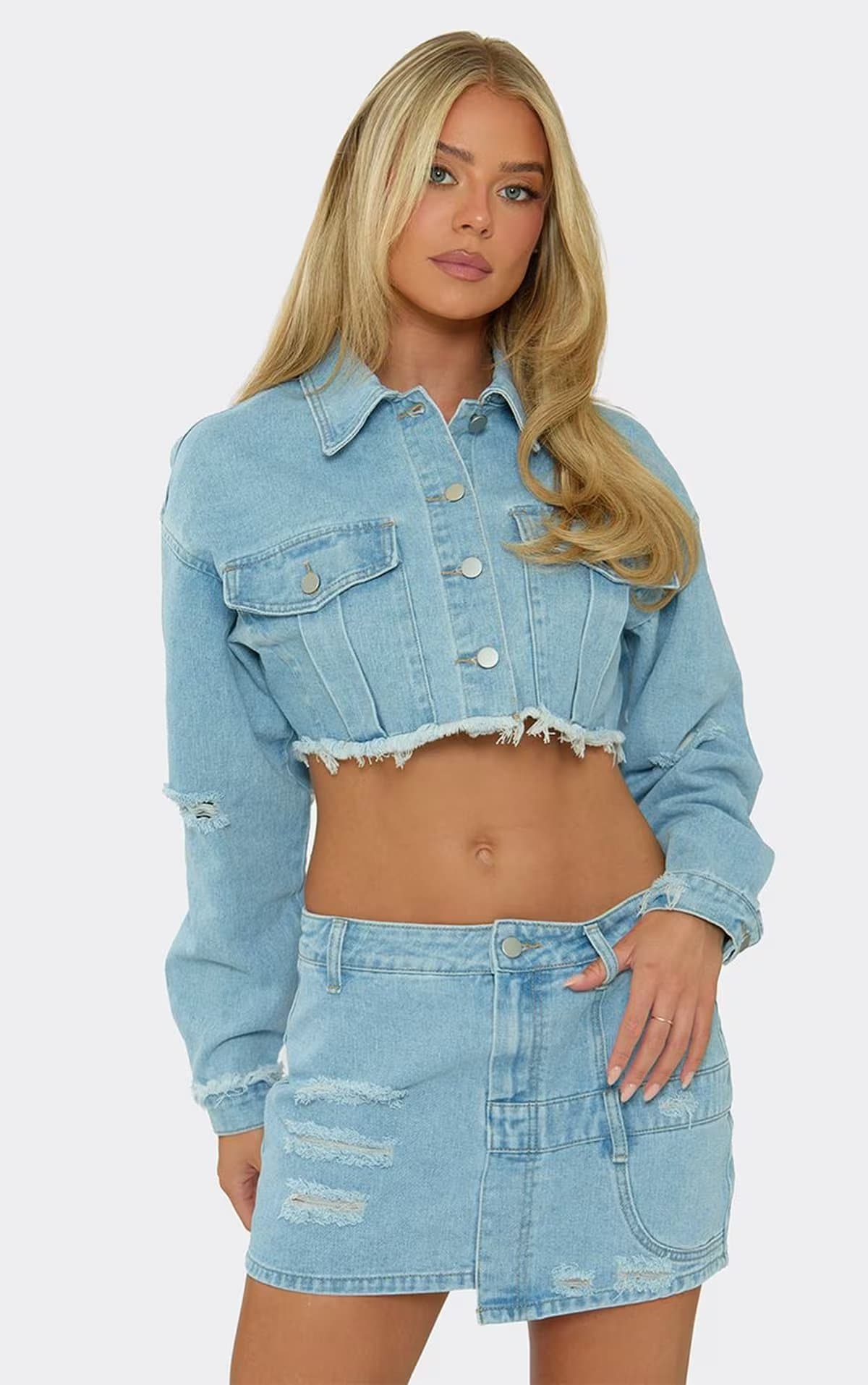 EGO Mid Rise Distressed Mini Skirt In Light Blue Denim, Women's Size UK 6