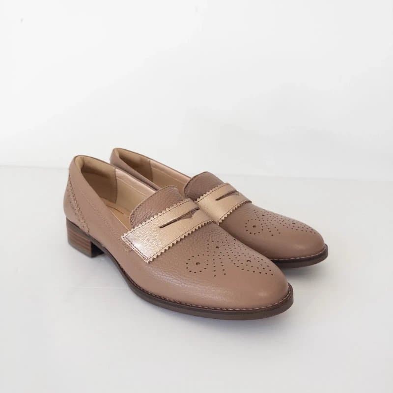 Clarks Clarks Netley Lola Taupe Pink Leather Loafers UK 6.5 Metallic Gold Combi