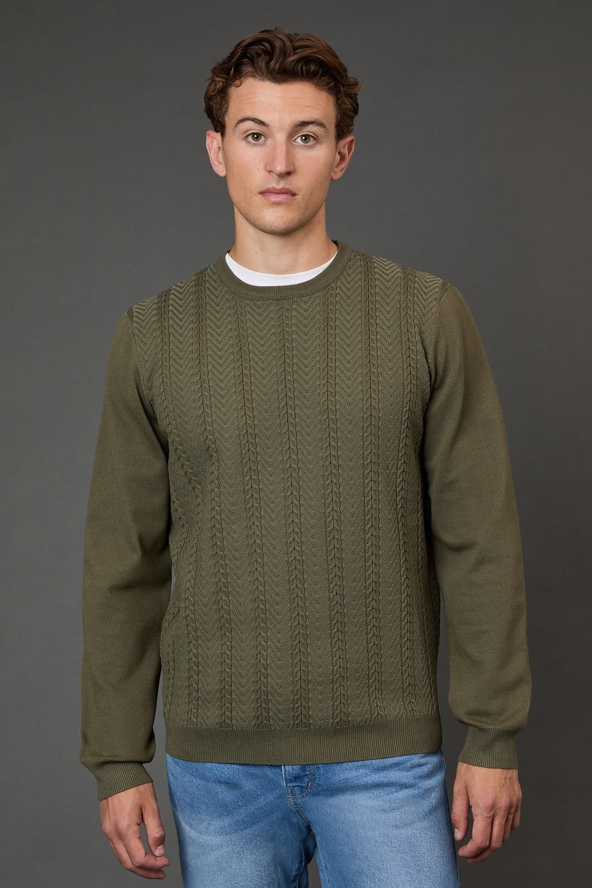 Burton Burton Men's Khaki Cable Crew Neck Jumper