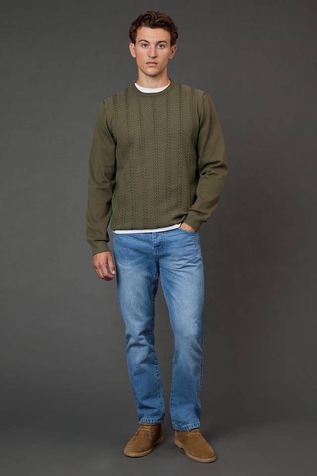 Burton Burton Men's Khaki Cable Crew Neck Jumper - 2