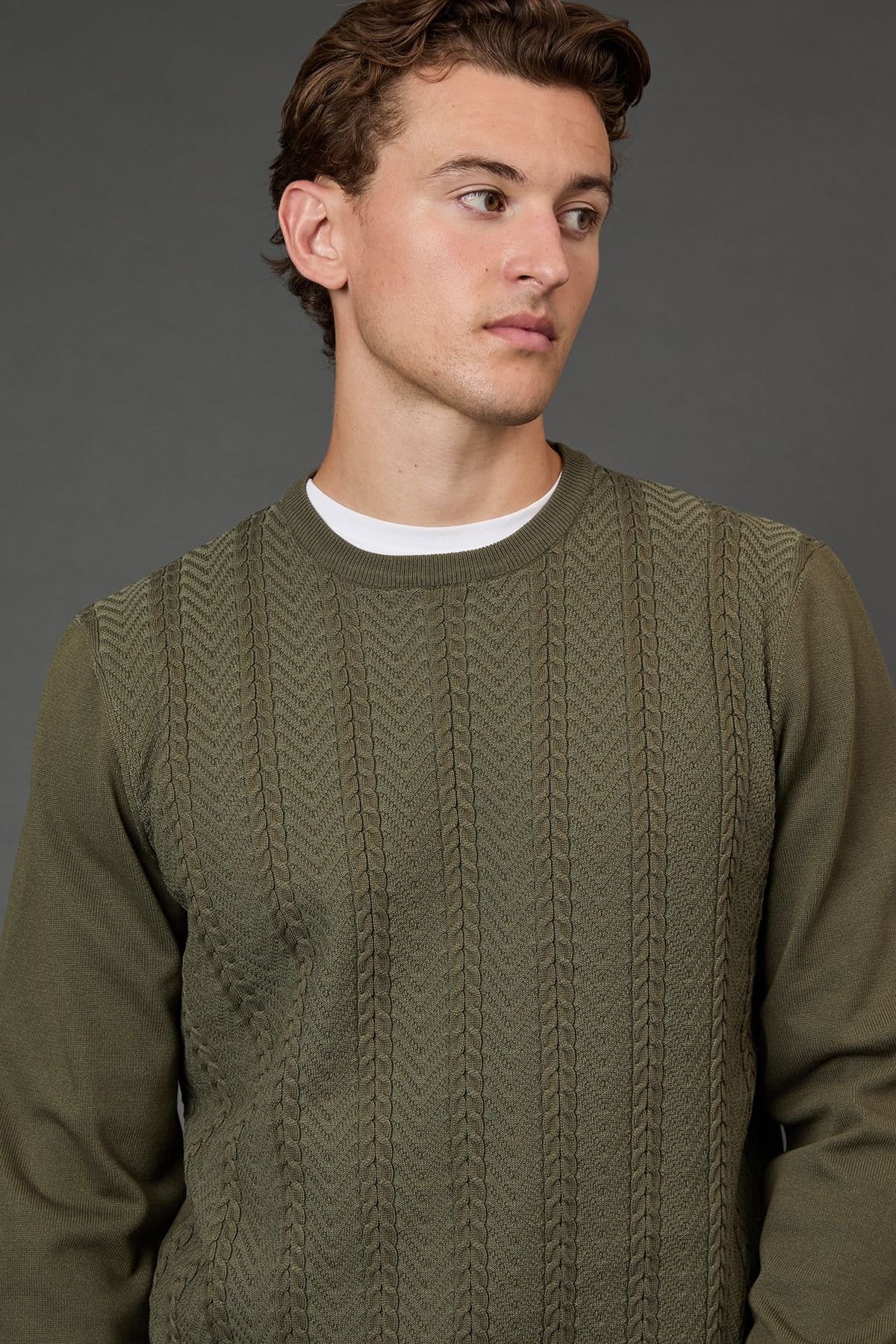 Burton Burton Men's Khaki Cable Crew Neck Jumper - 4