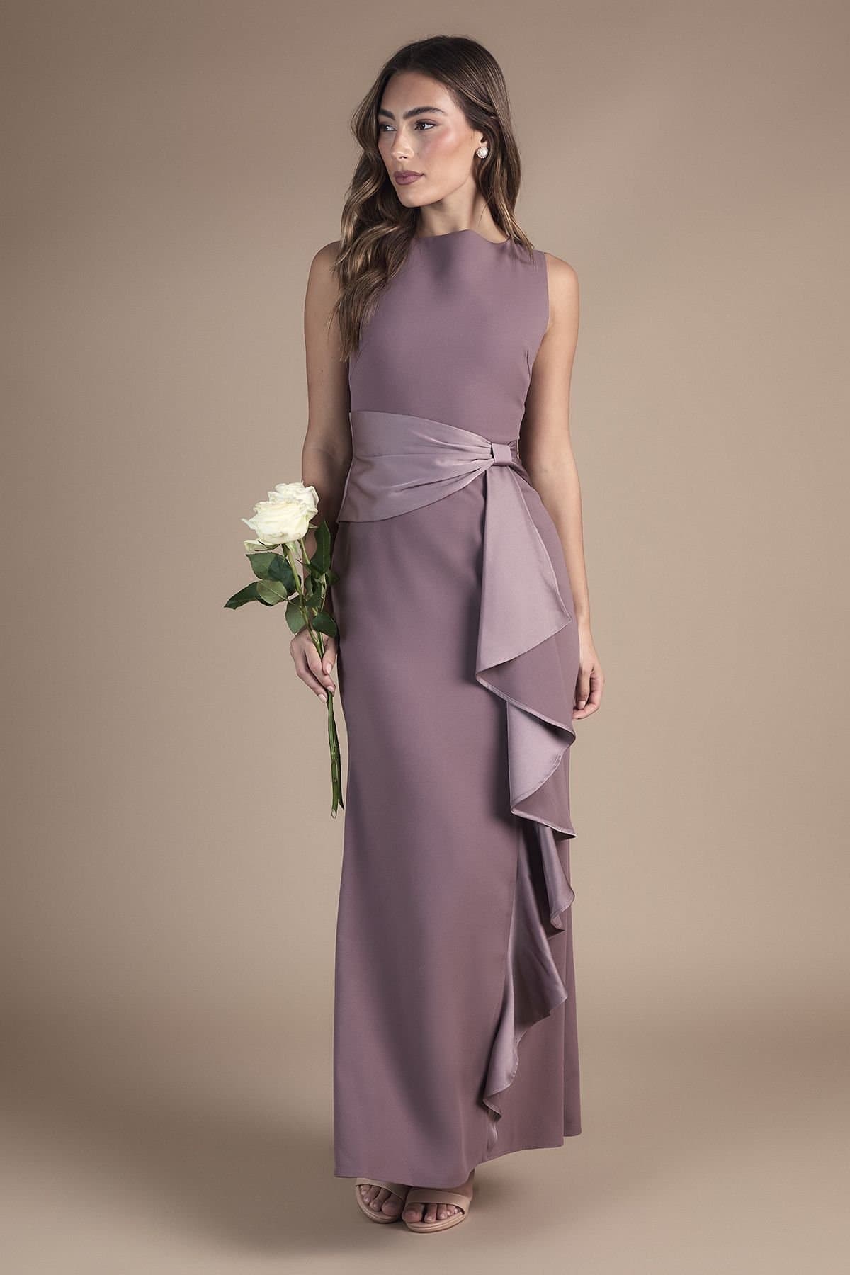 Coast Coast Women's Sleeveless Round Neck Sash Waist Maxi Bridesmaid Dress in Dusty Mauve