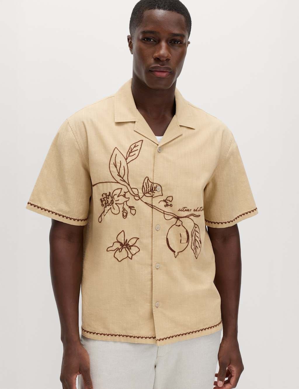 Marks & Spencer M&S Pure Cotton Embroidered Short Sleeve Shirt Natural Mix