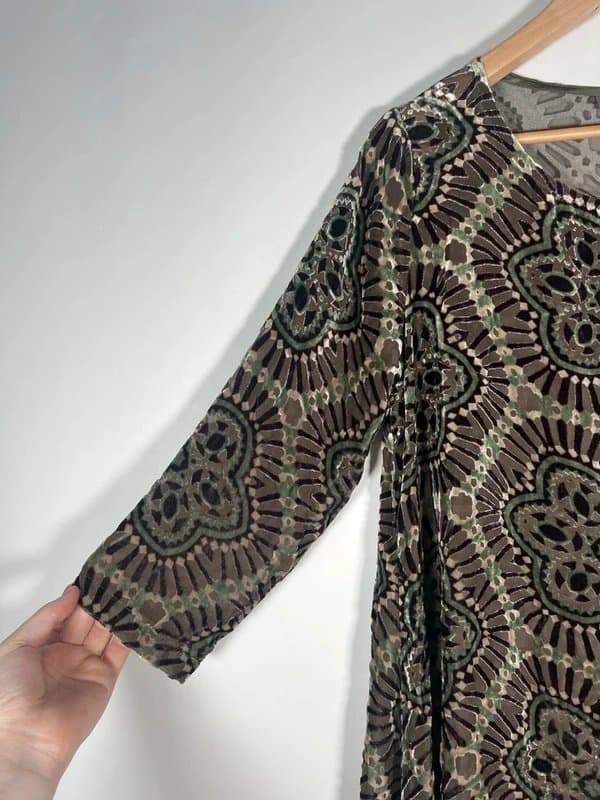 Sahara Sahara Silk Blend Velvet Devore Tunic Top Size S UK 10-12 Green Floral Boho