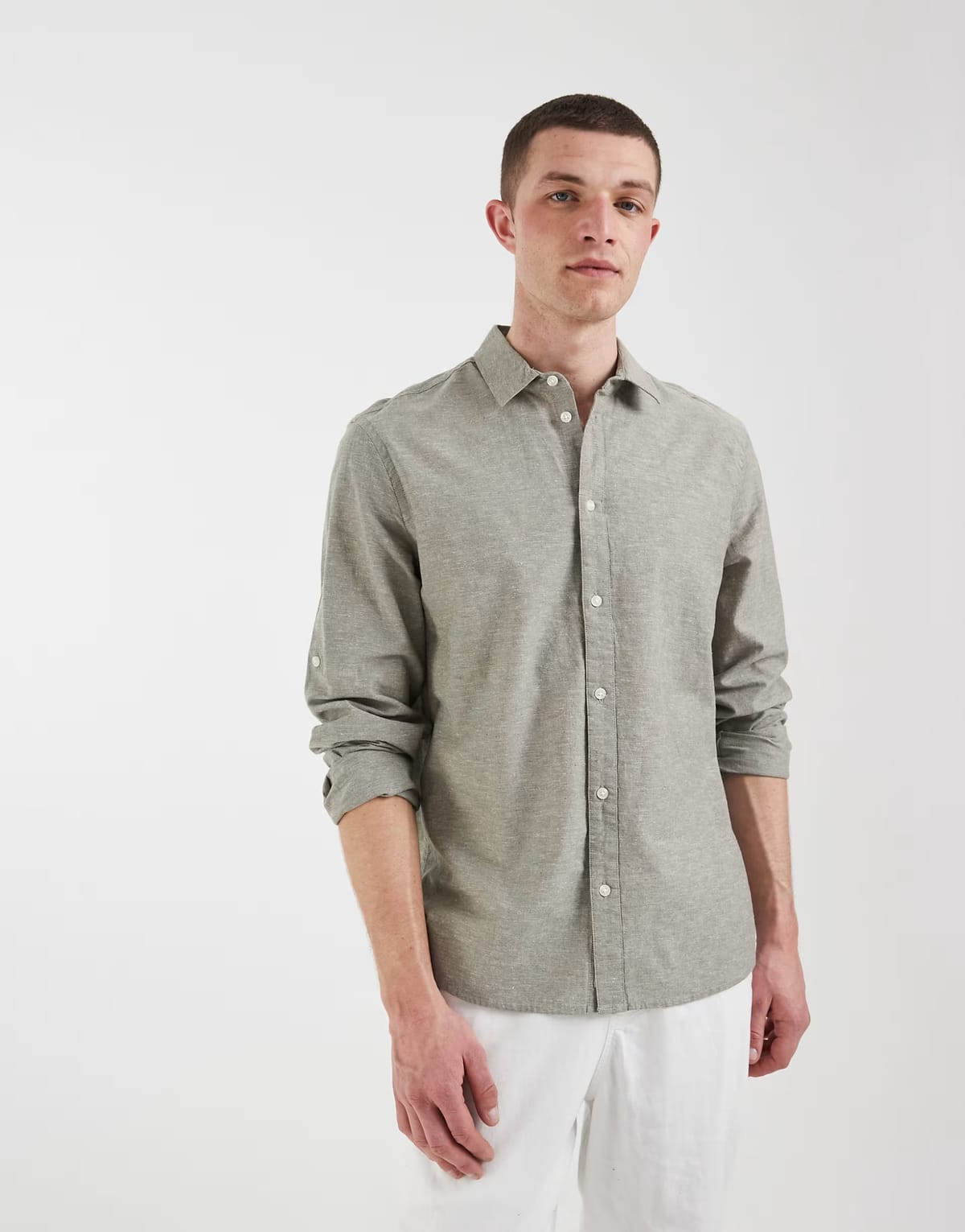 ASOS BLEND cotton-linen long sleeve regular fit shirt in dusty olive - 1