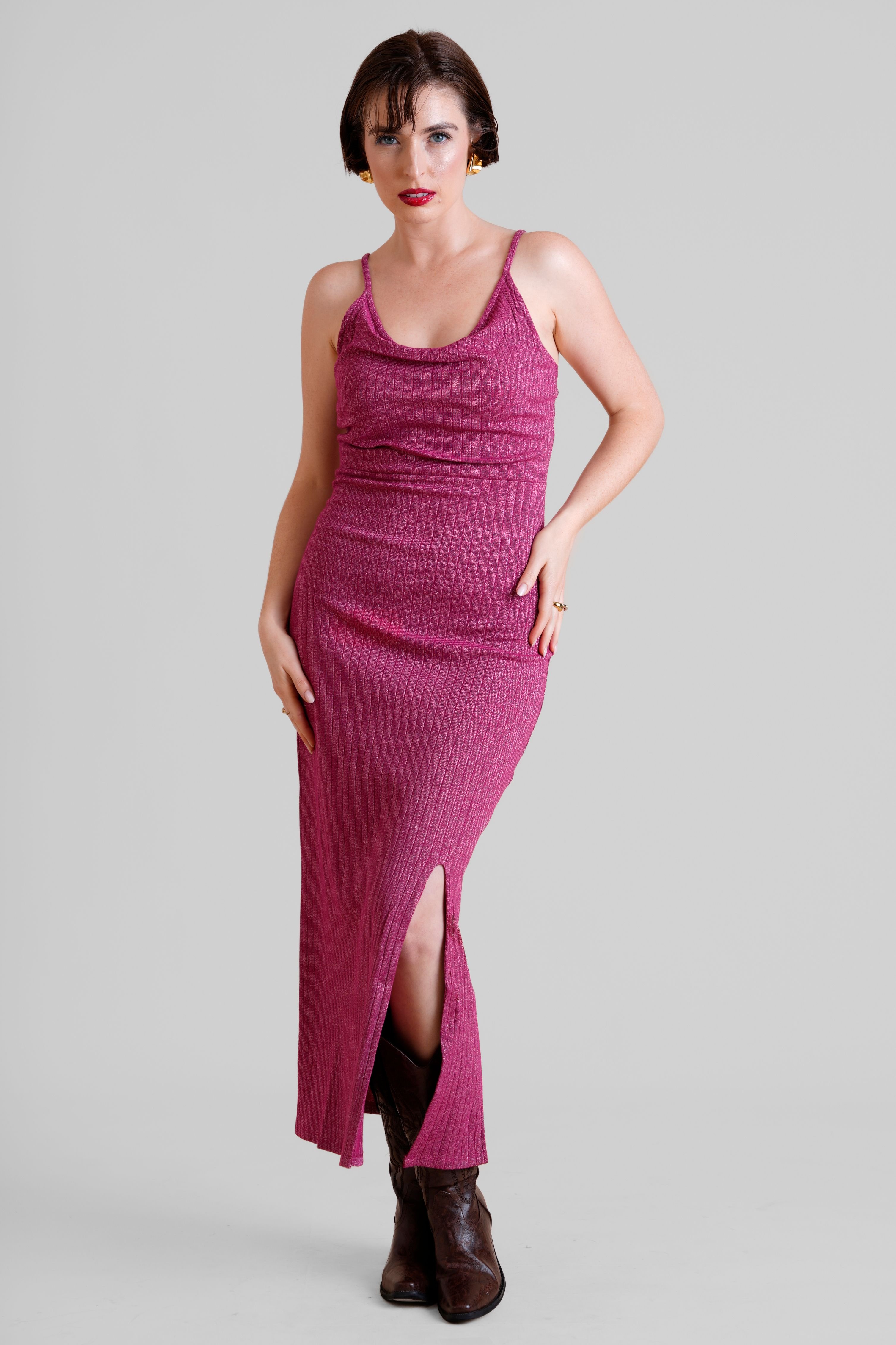 Enorsia Enorsia Women's Cowl Neck Lurex Jersey Midi Dress in Pink - 3