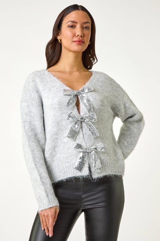 DUSK Dusk Women's Sequin Bow Cardigan in Light Grey - 2